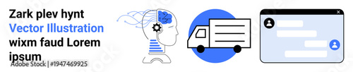 Artificial intelligence, logistics, messaging apps, human-machine interaction, digital tools, innovation. Brain with gear, delivery truck icon chat interface. Artificial intelligence and logistics