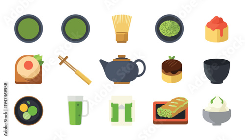 Traditional Japanese Ceremonial Matcha Tea Icon Set Whisk, Bowls, Teapot, Powder, and Green Tea Snacks