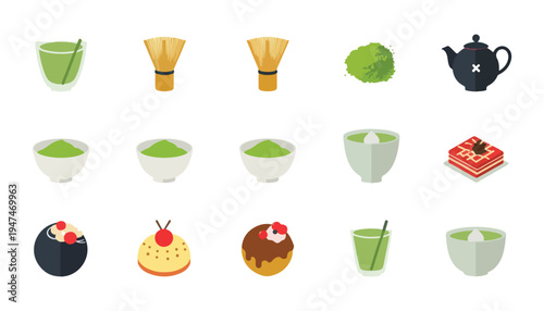 A simple vector illustration of assorted drink icons including matcha tea, decorative elements in a clean design