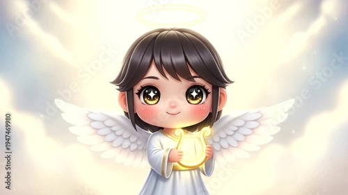 Cute cartoon angel with glowing orb and radiant background in animated sequence.
