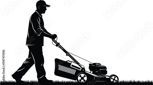 Man mowing lawn silhouette vector, gardener cutting grass illustration, lawn mower landscaping work scene, gardening maintenance outdoor service design