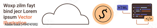 Web development, cloud computing, programming, coding, data storage, software engineering. Visual includes a cloud shape, a currency symbol and a code snippet. Cloud computing and web development
