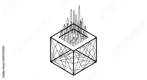 Abstract geometric cube with rising sound waves or data visualization
