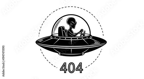 Alien driving UFO spaceship with 404 error message, futuristic concept