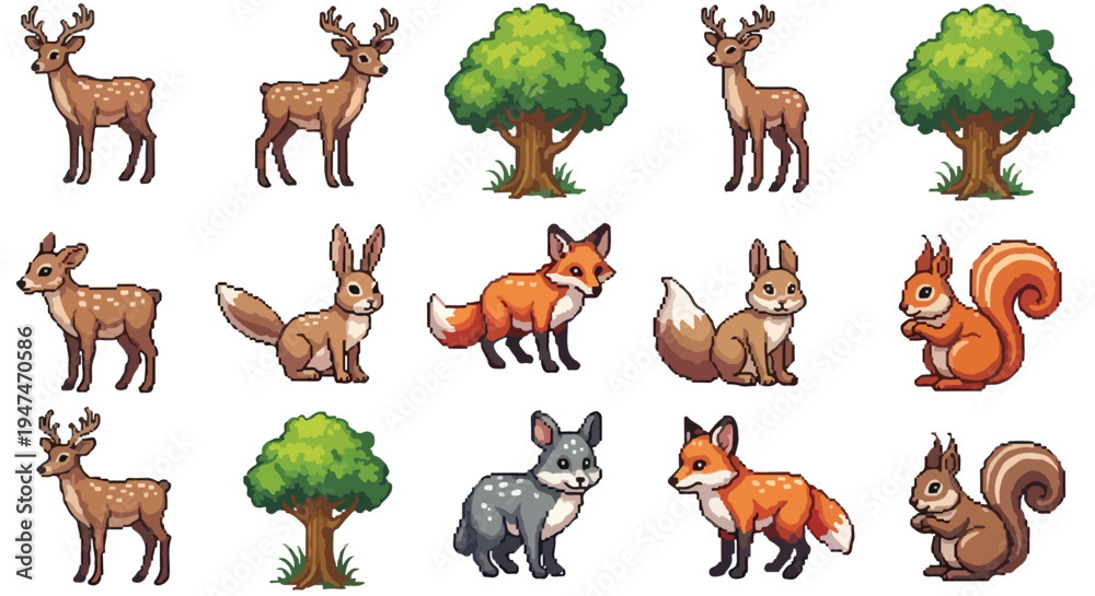 Obraz premium A charming collection of pixel art illustrations featuring various forest animals like deer, foxes, rabbits, and squirrels, alongside trees.