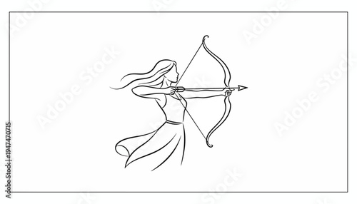 Archer Woman Drawing Bow and Arrow, Dynamic Action Pose, Vector Illustration