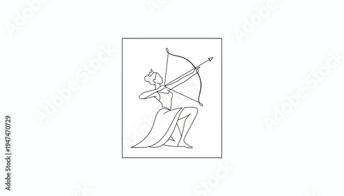 Archer Woman Drawing Bow and Arrow, Dynamic Pose, Line Art Illustration