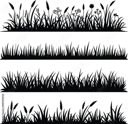 PrintGrass silhouette strips botanical nature wildflowers blades wheat plants outdoor design illustration natural border decoration landscape foliage greenery pattern