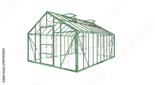 Modern greenhouse structure, transparent walls, white background
