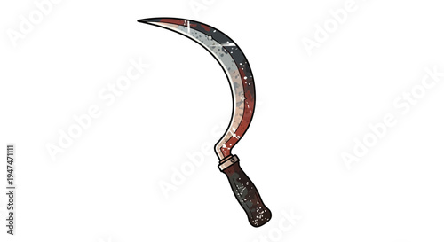 Rustic sickle tool with worn handle on white background
