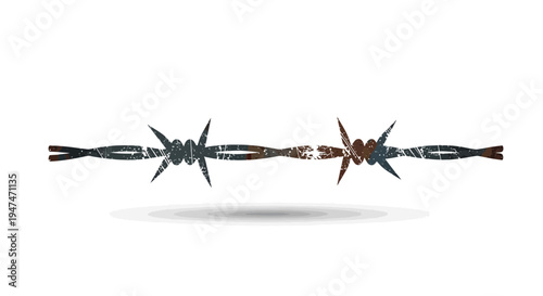 Rusty barbed wire fence segment with sharp spikes on white background