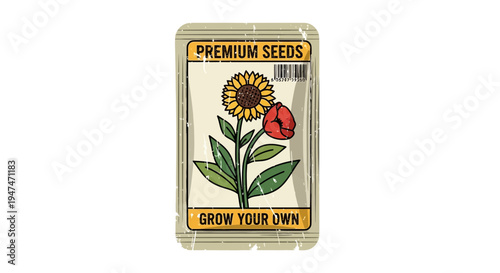 Seed packet with sunflower and tulip illustration, premium seeds grow your own
