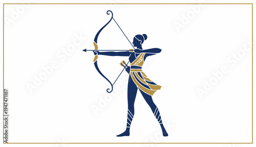 Archer Woman Silhouette Drawing, Ancient Greek Style, Gold and Blue