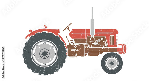 Vintage red tractor illustration with grunge texture on white background