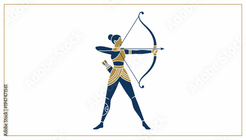 Archer Woman Silhouette, Ancient Greek Goddess Artemis, Mythology, Bow and Arrow, Athleticism, Gold and Blue