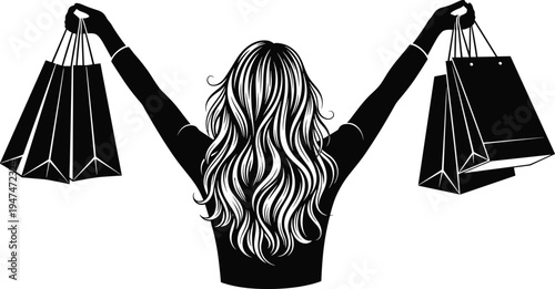 Shopping woman silhouette vector illustration, happy female holding shopping bags, retail sale concept, fashion shopper black white design