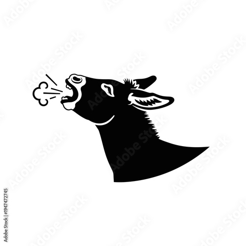 Black and white illustration of a donkey braying with open mouth and breath.
