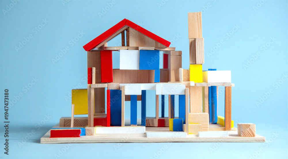 Fototapeta premium Colorful wooden building blocks toy house for children creativity