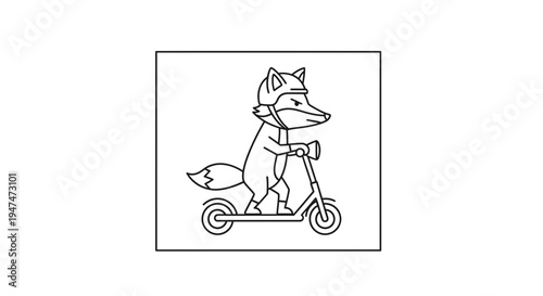 Cartoon Fox Riding an Electric Scooter with Helmet, Line Art