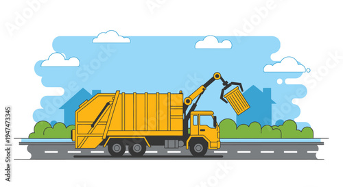 Garbage truck collecting trash on street - City sanitation waste collection vehicle