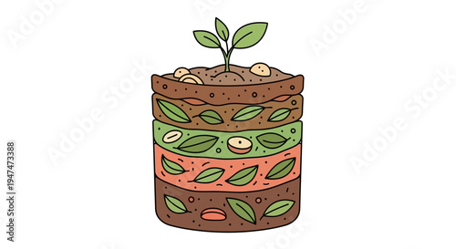 Layered soil profile with growing plant - Earth science geology cross section