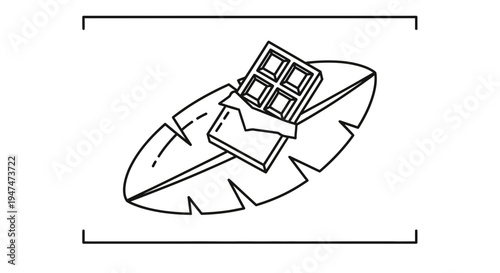 Chocolate bar on a tropical leaf, minimalist line art, healthy snack concept