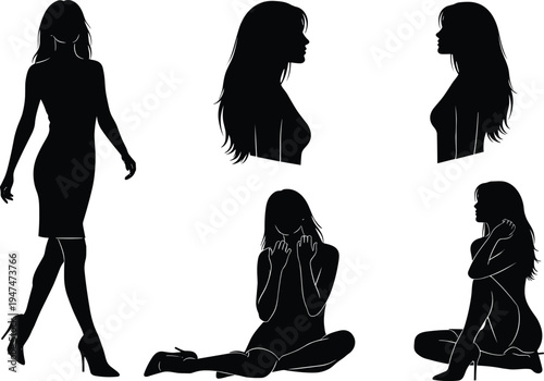 Woman silhouette set with different poses, female figure shadow illustration, elegant lady profile collection, fashion model silhouette design