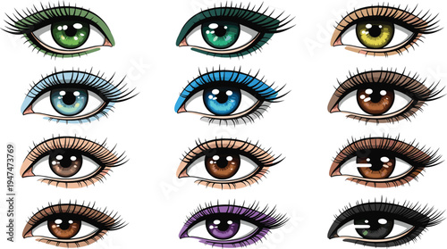 Woman eye collection with different iris colors, female makeup eye illustration set, realistic human eyes design reference