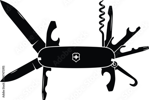 Silhouette of multipurpose pocket knife with various tools including blade corkscrew and screwdriver for camping hiking survival and outdoor adventure equipment