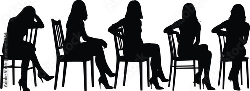 Women sitting chair silhouette set, elegant female poses illustration, fashion model seated positions vector, stylish woman posture design