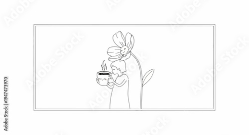Cozy Morning: Person in Pajamas Enjoys Hot Coffee Next to Blooming Flower