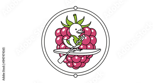 Cute Bird Paddling on Raspberry Kayak Inside Circle Frame