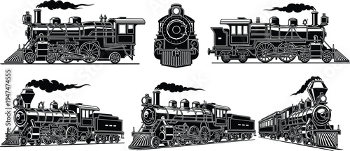 Set of vintage steam locomotive train silhouettes featuring antique engine designs from multiple perspectives for transport history, industrial heritage, and travel