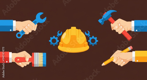 Illustration of Hands Holding Construction Tools and a Safety Helmet with Gears on a Brown Background