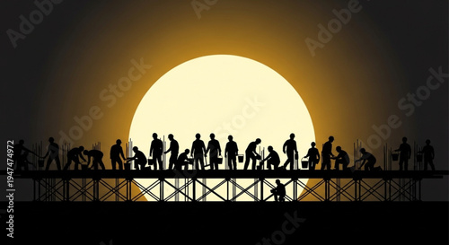 Silhouette of construction workers building a bridge against a setting sun, symbolizing teamwork and development