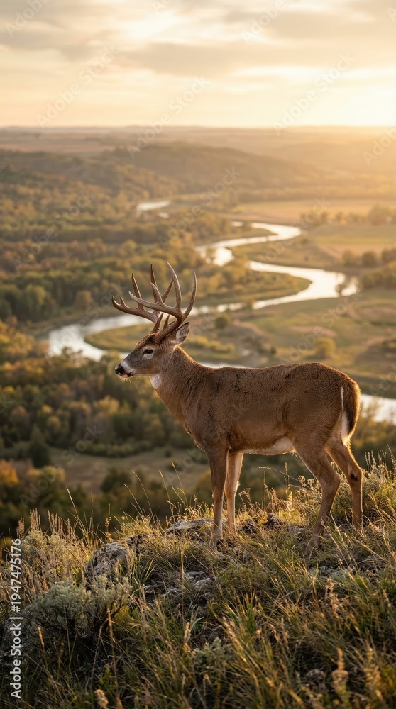 Obraz premium A brown buck with large antlers standing on a grassy hill overlooking a winding river valley, majestic wildlife scene, peaceful nature, river landscape.