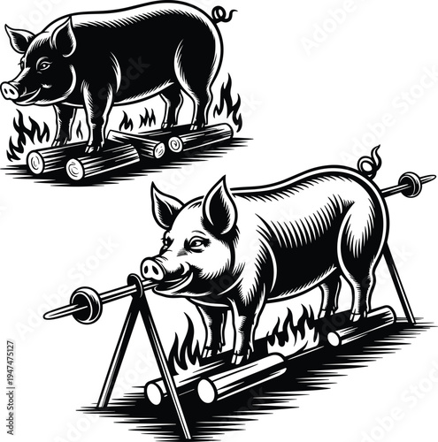 PrintRoasted pig silhouette barbecue spit fire cooking traditional food meat grill feast culinary culture vector illustration artwork design concept