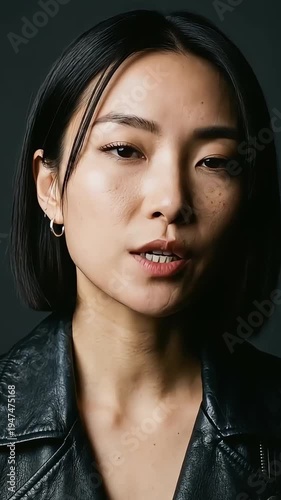 Close up portrait of edgy Asian woman with bob haircut and confident intense gaze
