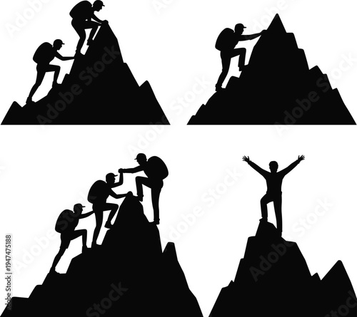 PrintSilhouette mountain climbers teamwork perseverance achievement reaching summit helping partners success outdoor adventure hiking mountaineering challenge triumph motivation