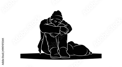 Sad homeless man with dog sitting on street, feeling cold and lonely