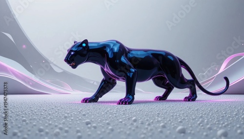 A sleek and powerful digital black panther, with a shimmering, metallic blue sheen, stalks gracefully across a textured white surface, against a backdrop of soft, flowing abstract shapes.