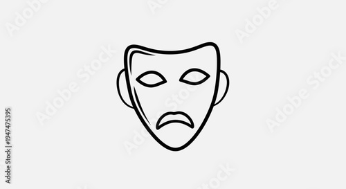 Sad Theater Mask Icon, Tragedy Symbol, Dramatic Expression, Isolated on White Background