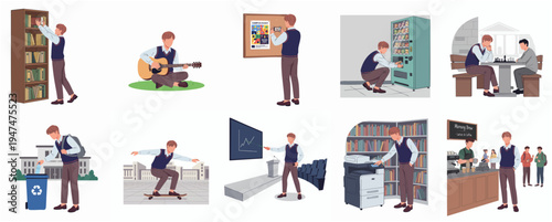 Isometric Young Student Lifestyle Activity Set Illustration In Different Scene