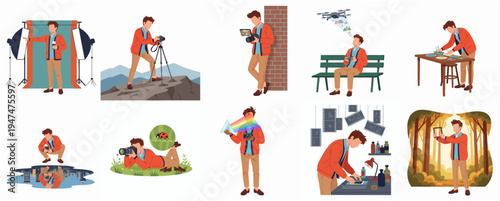 Flat Illustration of Diverse Scenes Depicting a Man Using Camera