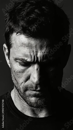 Black and White Close-up Portrait of a Man Looking Downward