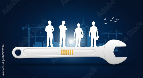 Skilled workforce standing on a large wrench, symbolizing construction, engineering, and collaborative progress in industrial development