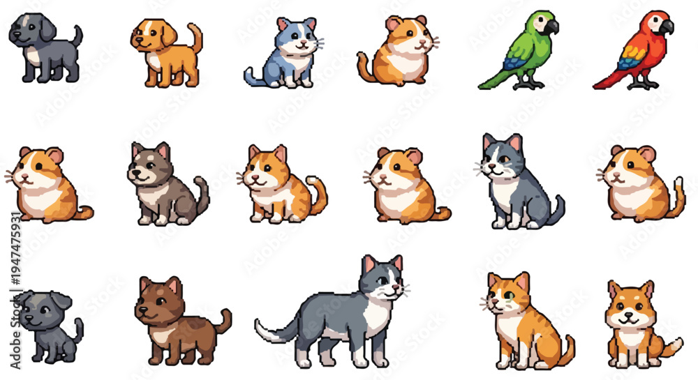 Fototapeta premium A collection of charming pixel art animal sprites, featuring dogs, cats, hamsters, and parrots in various colors and poses.