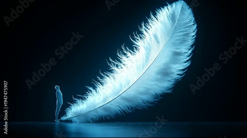 Ethereal figure holding a luminous feather in darkness
