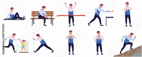Flat Illustration of Man in Various Activities for Exercise and Sport
