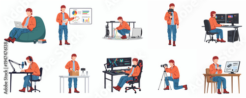 Flat Design Man in Various Poses Depicting Different Activities Illustration